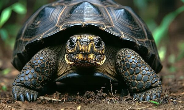 A close-up of a tortoise emerging from its shell in a natural setting.