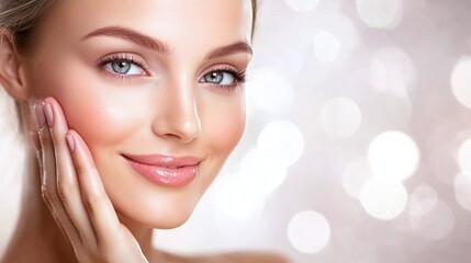 Naklejka premium Woman smiling softly as she touches her face, emphasizing her radiant and flawless complexion