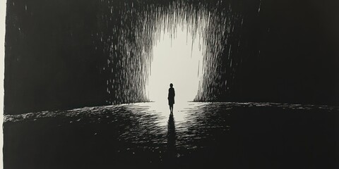 A solitary figure stands in a dark space, illuminated by a bright opening ahead.