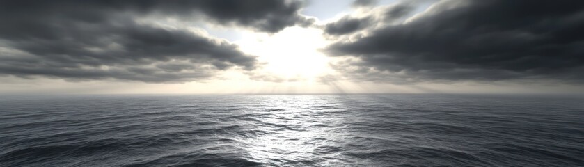 Obraz premium A serene ocean view under cloudy skies, with rays of light breaking through the clouds.