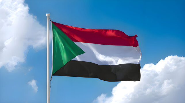 Sudan National Flag Waving Proudly Under a Clear Blue Sky – Celebrating Independence Day, Victory Day, and Honoring Sudanese Culture, Heritage, and National Unity