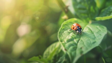 Fototapeta premium background of a ladybug on a leaf in very focus, background focus of insect activity.