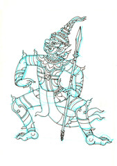 Fototapeta premium Giant in Thai art posing with weapon pen drawing for card decoration illustration