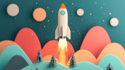 Fototapeta premium A vibrant rocket launching through colorful landscapes and starry skies.