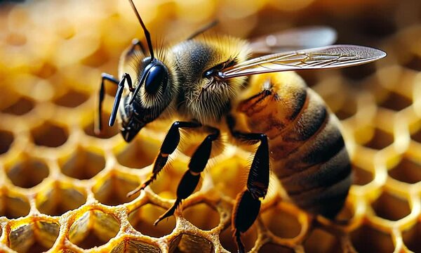 Close-up of a bee on honeycomb, showcasing nature's details.