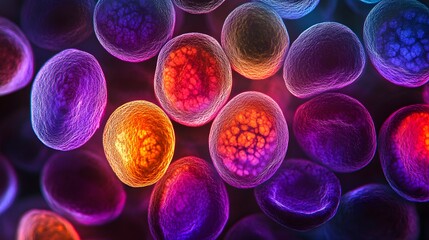 Close-up of blood cells glowing under a microscope, their surfaces revealing intricate details in radiant colors.