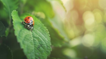 background of a ladybug on a leaf in very focus, background focus of insect activity.