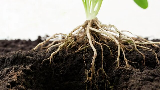 Plant Roots in Soil: Close-up view of a vibrant green plant's extensive root system firmly embedded in dark, rich soil.  A symbol of growth, stability, and connection to the earth. 