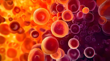 Close-up of glowing blood cells under a microscope, revealing intricate textures and vibrant red and orange hues.