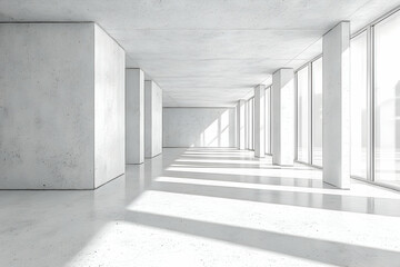 Sunlit minimalist concrete hallway with large windows.