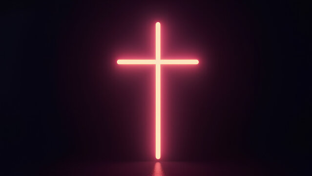 Holy neon glowing cross of Jesus Christ Religious symbol of faith and prayer Isolated on a dark background showcasing the cross brightness