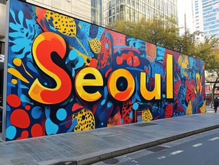 Striking Mural of "SEOUL" in Vibrant East Asian Cityscape