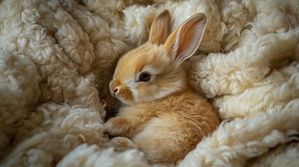 Adorable Baby Bunny Nestled in Soft Cozy Blanket Fur