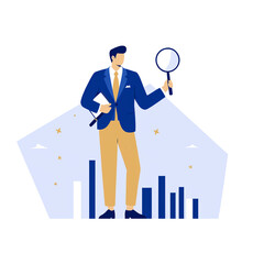 Obraz premium Businessman with magnifier investigating risks, root causes, and critical failures, highlighting incident management and problem-solving with an exclamation sign.