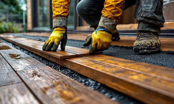 Worker laying wooden planks on a construction site.