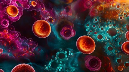 Microscopic view of blood cells, illuminated with glowing, vibrant colors, their textures forming intricate and mesmerizing patterns.