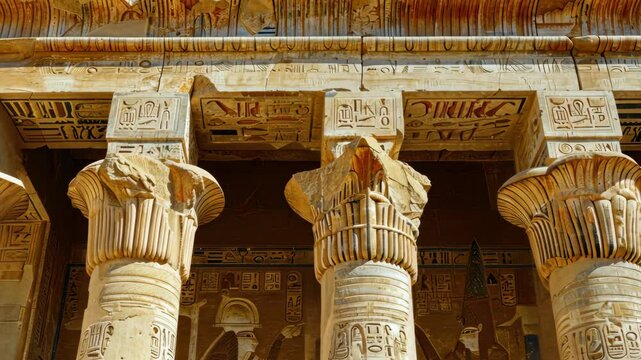 Ancient Egyptian Temple Columns: Intricate Carvings and Hieroglyphs