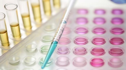 Laboratory equipment with test tubes and pipette.