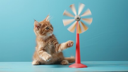 Kitten batting at a spinning windmill toy on blue background
