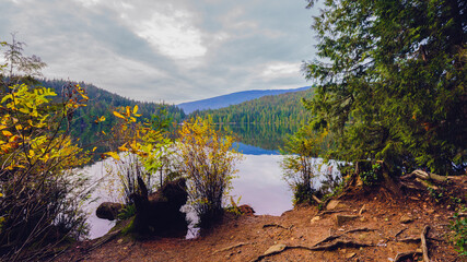 Sasamat Lake in Belcarra Provincial Park, BC, seen from the Sasamat Loop forest trail during a bracing Fall walk.