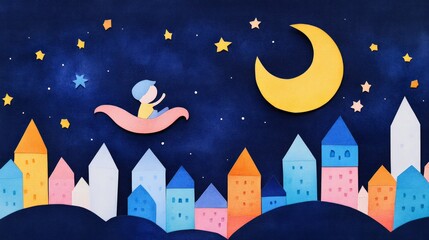 Dreamy Night Adventure with a Child Flying on a Magic Carpet Over a Colorful Cityscape Under a Starry Sky Filled with Twinkling Stars and a Bright Yellow Moon