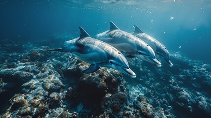 Three dolphins swimming together over a vibrant coral reef in clear blue ocean water.