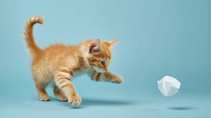 Kitten chasing after a paper ball on blue background