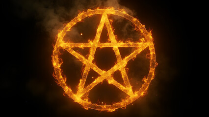 Fire yellow pentagram fantasy pentagram star in flames fire smoke and mist black background