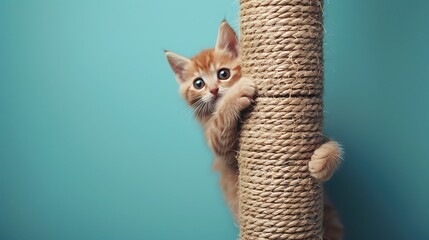 Kitten climbing a scratching post on blue background