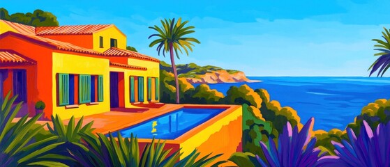 Obraz premium A vibrant seaside villa with a pool, surrounded by lush greenery and ocean views.