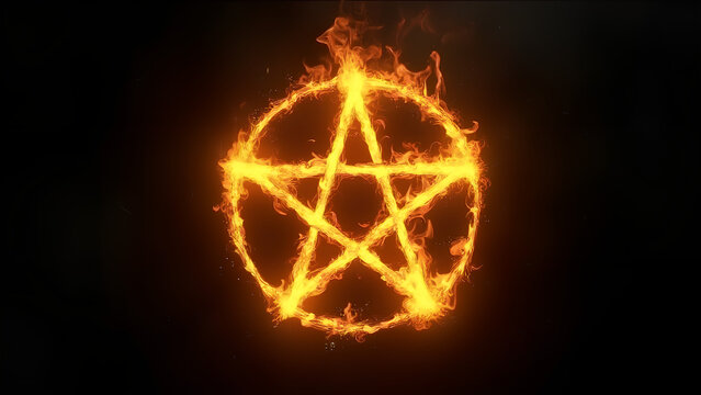 Fire yellow pentagram fantasy pentagram star in flames fire smoke and mist black background