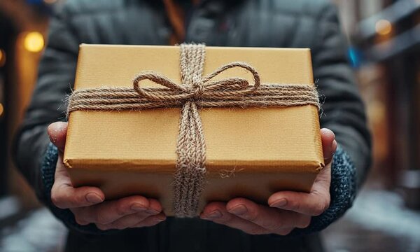 A person holding a beautifully wrapped gift box with twine.