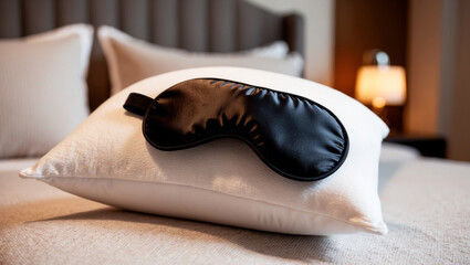 A soft, fluffy white pillow with a sleek, silky black sleep mask resting on top. The sleep mask has smooth curves, elastic straps gently draped over the pillow