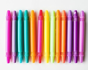 A colorful assortment of highlighters arranged in a neat row, showcasing vibrant shades like pink, blue, yellow, and purple against a white background.