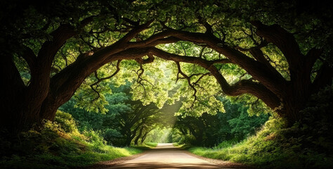 Obraz premium A serene pathway framed by lush greenery and majestic trees, inviting tranquility.