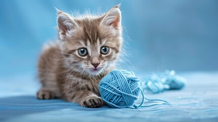 Kitten playing with a ball of yarn on blue background