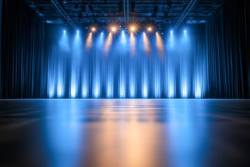An empty stage with blue lights ready for a performance or presentation.