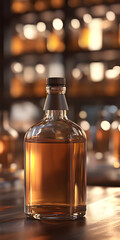 A bottle of liquor sits on a wooden table. The bottle is full and has a brownish tint. The table is surrounded by other bottles, some of which are also full. The scene gives off a cozy