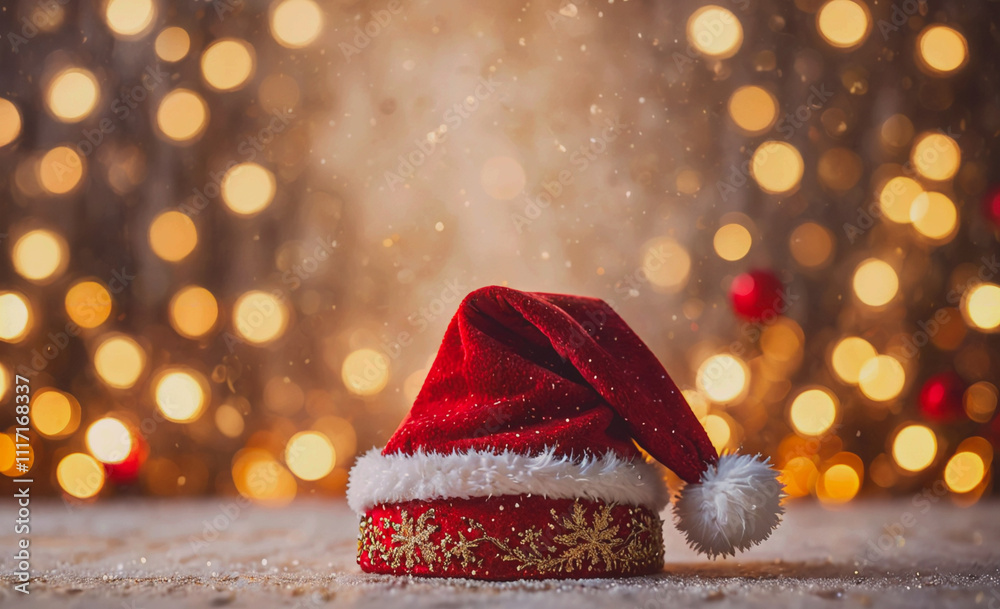 Poster a festive red hat with a white band and a white pom pom sits on a snowy surface, creating a warm and