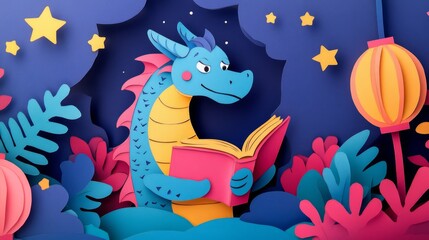 Obraz premium Playful Blue Dragon Reading a Book in a Colorful Fantasy Forest with Stars and Lanterns, Perfect for Children's Illustrations and Storybooks