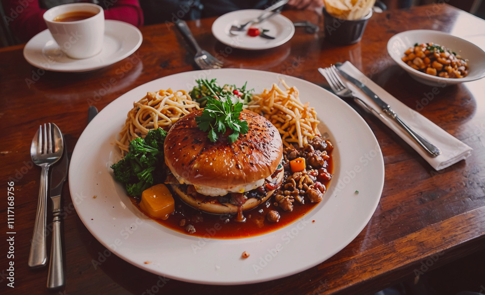 Poster a plate of food with a hamburger on top of a bun and a side of vegetables. the plate is set on a woo