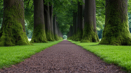 Naklejka premium A serene pathway lined with majestic trees and lush green grass inviting tranquil strolls.