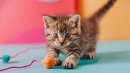 Kitten pouncing on a squeaky mouse toy on colorful background