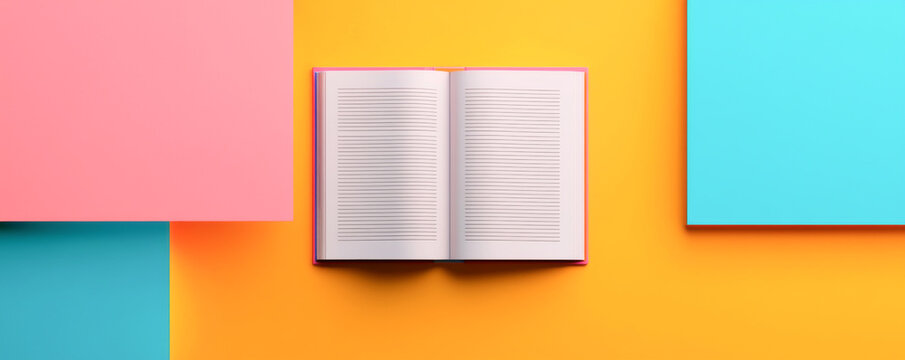 An open book surrounded by colorful geometric shapes on a vibrant background. - Powered by Adobe