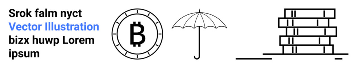 Bitcoin symbol, an umbrella, and stacked coins. Ideal for cryptocurrency, finance, security, investment, digital currency, financial planning, and fintech themes Landing page