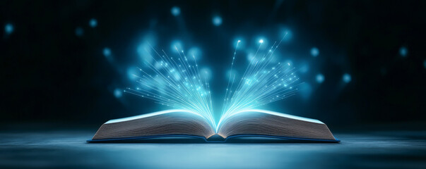 An open book with glowing particles symbolizing imagination and knowledge.