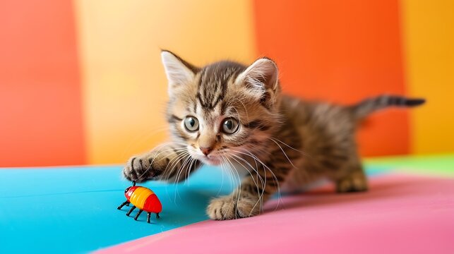 Kitten pouncing on a toy bug on colorful background