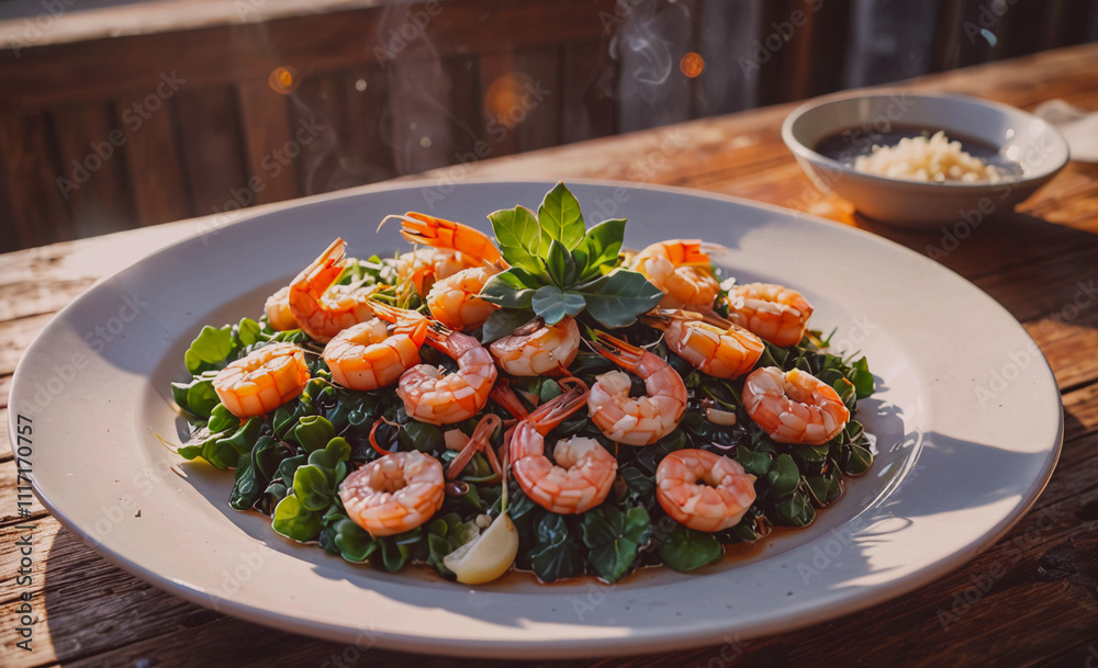 Poster a plate of shrimp and greens sits on a wooden table. the shrimp are arranged in a way that makes the