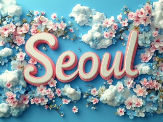 Vibrant Invitation to Visit Seoul - Stylized Text on Pastel Blue Sky with Fluffy Clouds and Whimsical Flowers