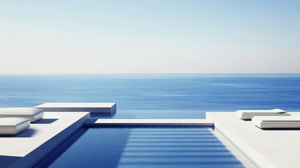 Modern poolside view with ocean backdrop.